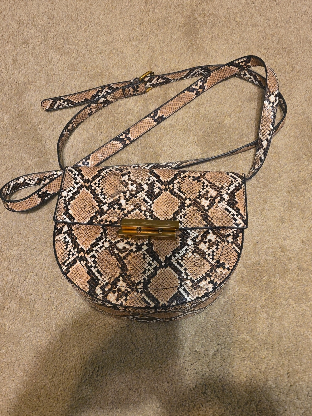 Python-Print Crossbody Bag in Tan and Black -  Shoulder Saddle Purse